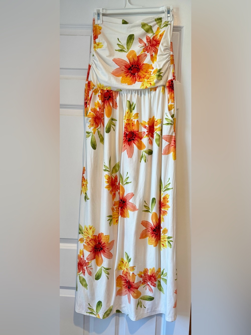 White Floral Halter Dress with Orange & Yellow Blooms